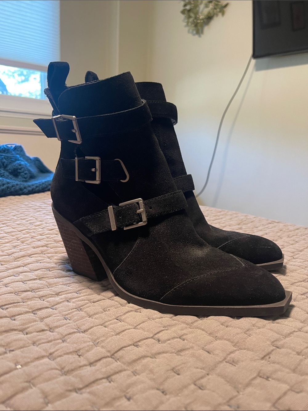 Crown Vintage Black Suede Triple-Buckle Ankle Boots